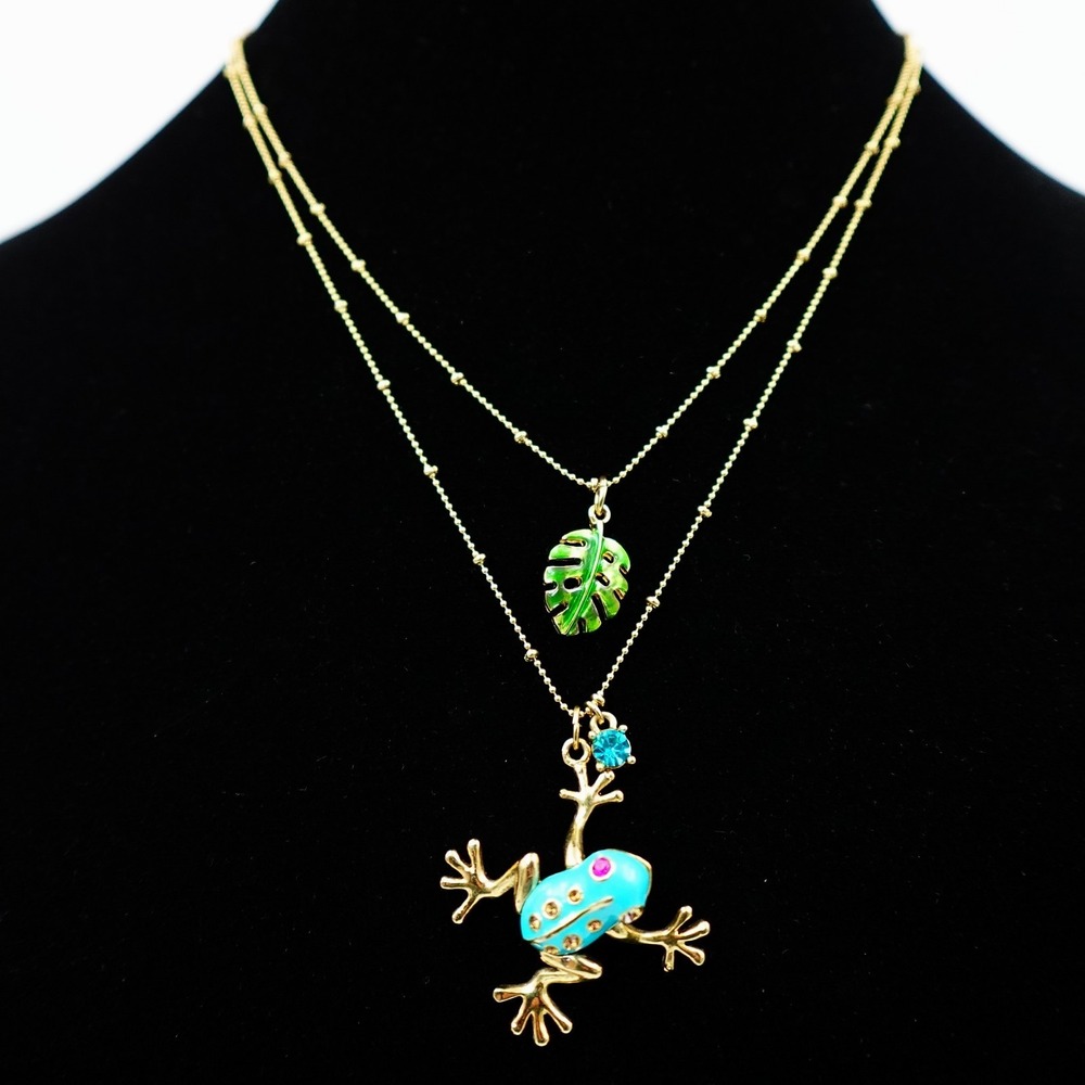 Betsey Johnson Layered Charm Necklace‎ Gold Tone Frog Leaf Heart Crystal